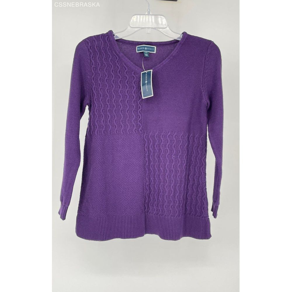 Karen Scott Purple Women's Sweater Dynasty V-Neck Mixed Knit 100% Cotton - XS